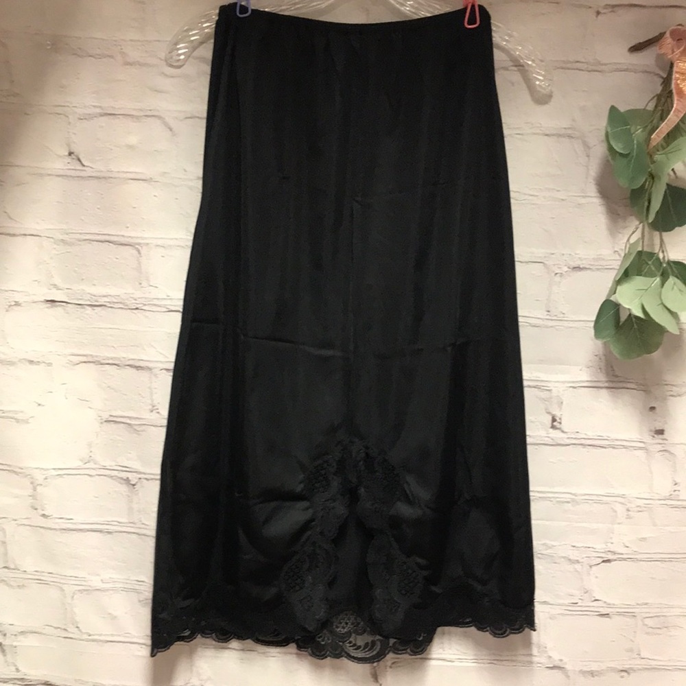 Vintage Slip Skirt Black with lace and front kick slit in lace  size M